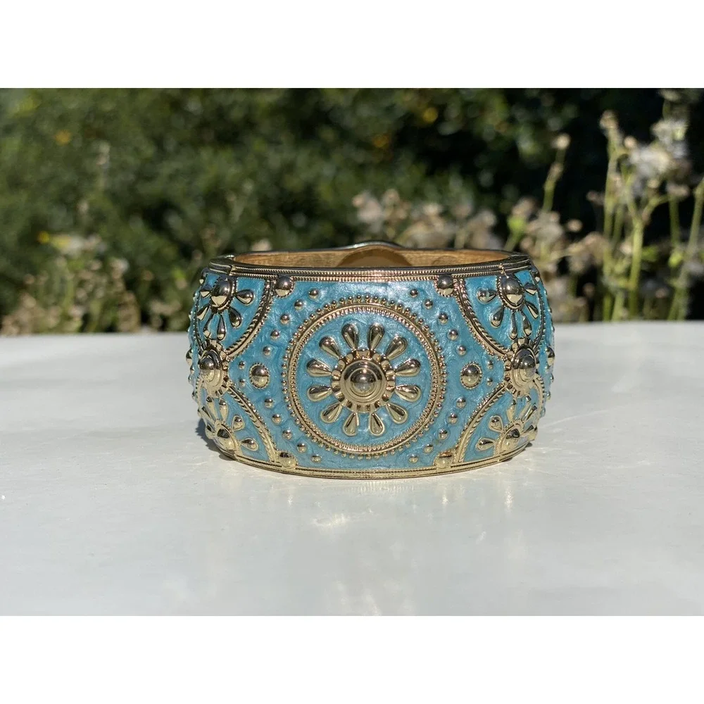 Amedeo NYC HSN 14K Gold Plated Shell Cameo Blue Enamel Bangle Bracelet~ Good Con